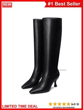 Women's Knee High Boots Faux Leather Wide Calf Pointed Toe Kitten Heel